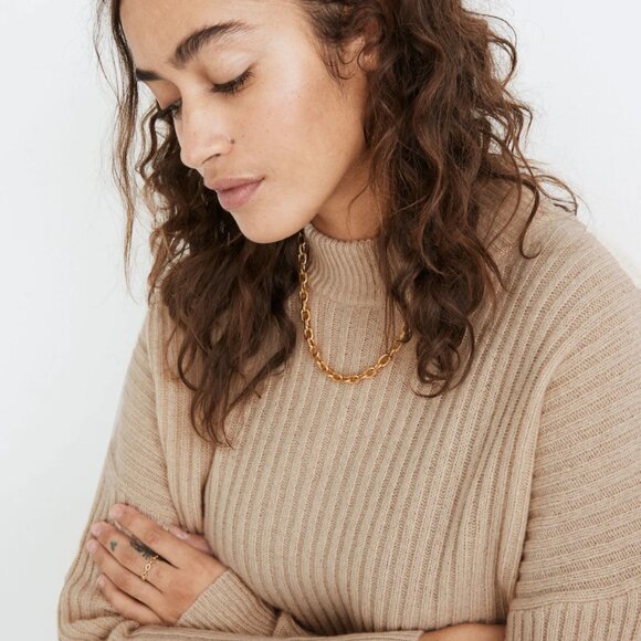 Madewell Recycled Cashmere Ribbed Mockneck Sweater Tan XXS Oversized Cozy - Picture 6 of 16